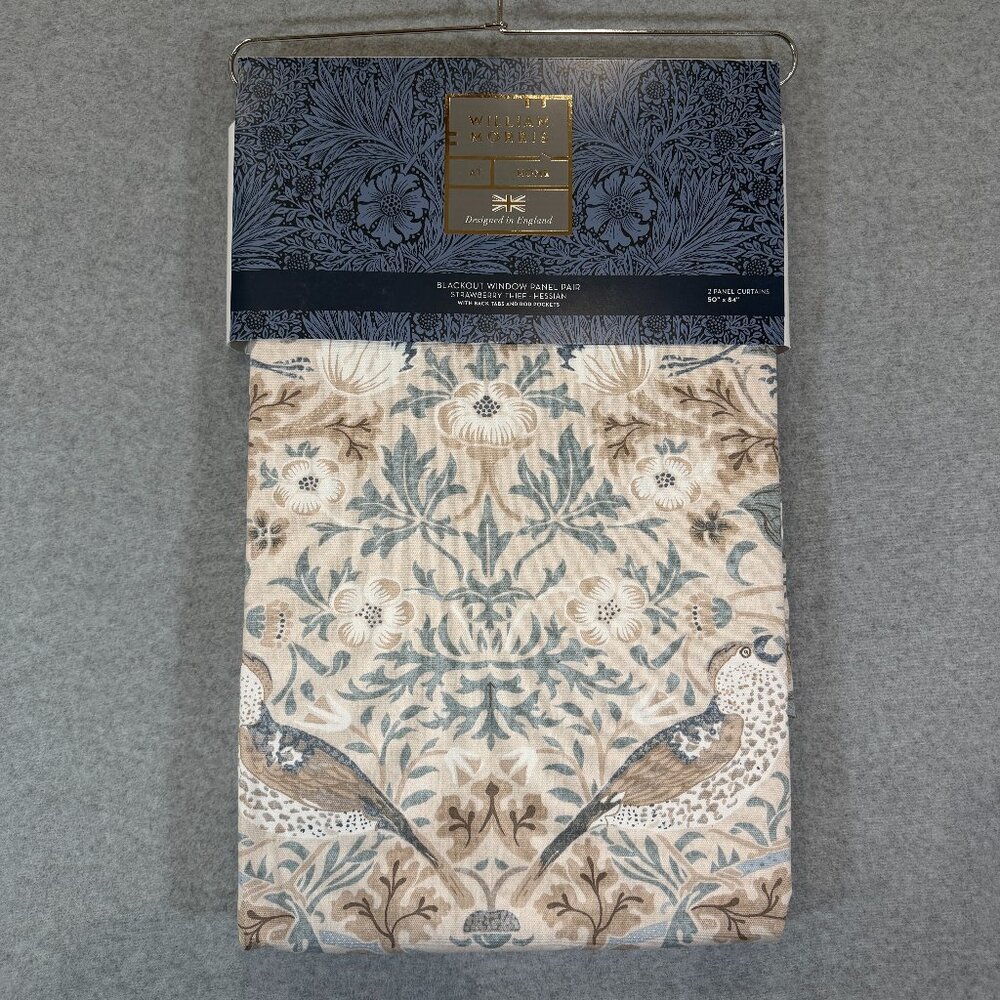 William Morris Strawberry Thief Hessian Blackout Curtain Panel Pair 50"x84” NEW